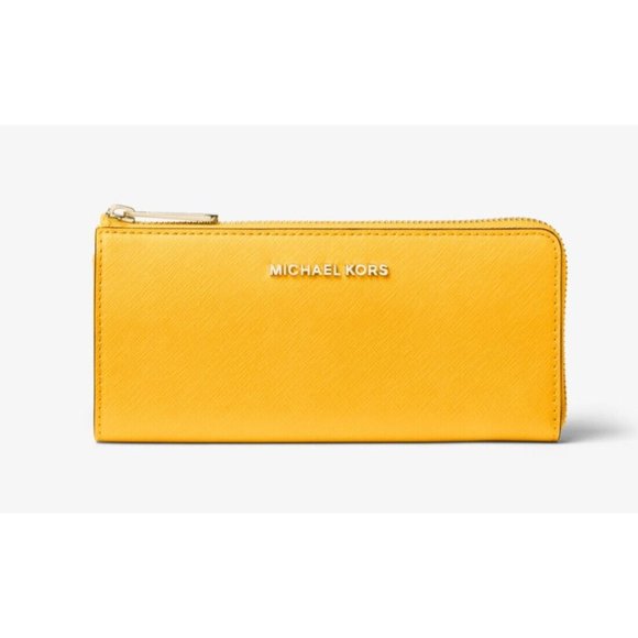 New Michael Kors Jet Set Travel Large Leather Quarter-Zip Wallet Jasmine Yellow - Picture 1 of 2